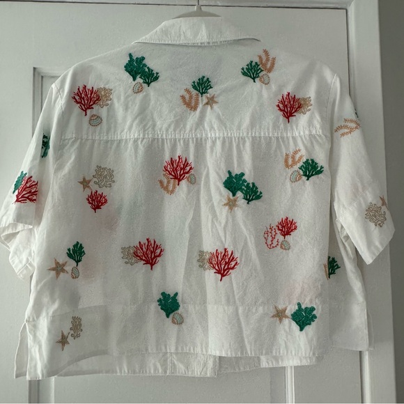 Maeve Anthropologie Short Sleeve Coral & Shell Cotton Button Front Top - Picture 12 of 16